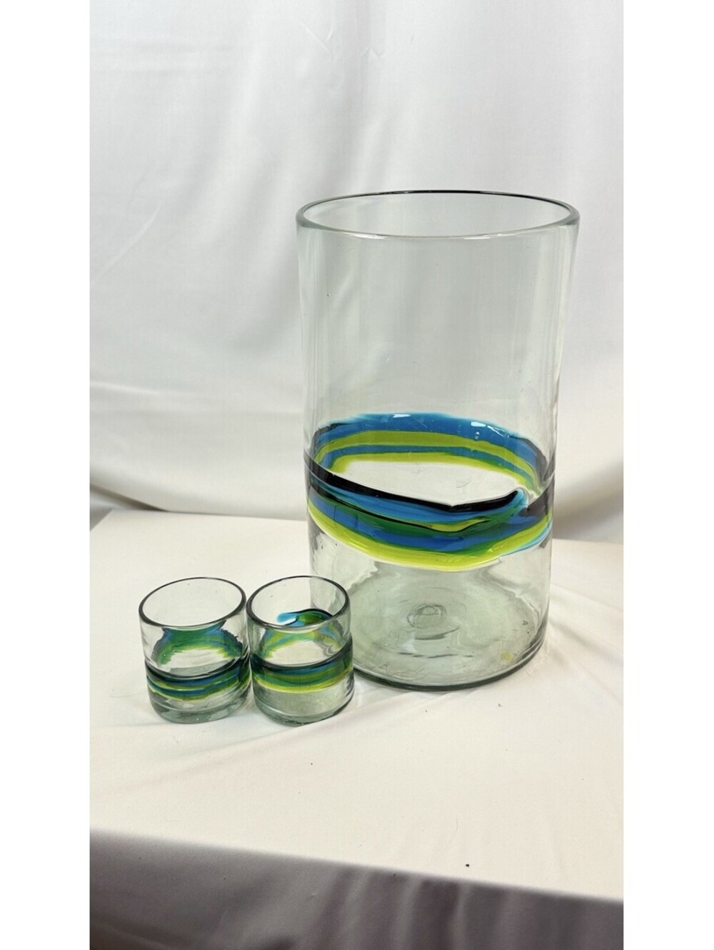 Blown Glass Tall 10.5 In Vase & Votive Set Green, Blue, Clear Vibrant Colors